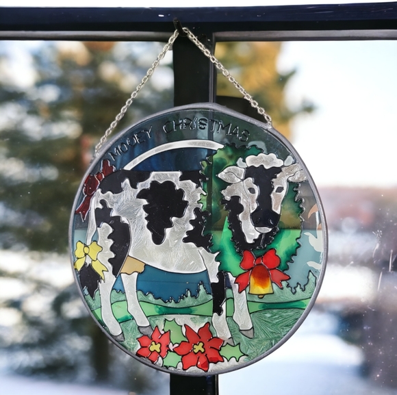 Round "Mooey  Christmas" Cow Suncatcher Window Display - Picture 2 of 5